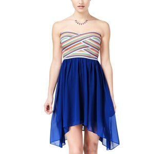 NEW B Darlin Asymmetrical-Hem Fit and Flare Dress White / Blue Multi 7 / 8